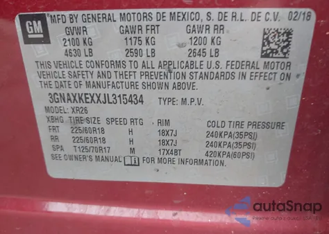 2018 Chevrolet Equinox Lt z USA, uszkodzony, nr VIN 3GNAXKEXXJL315434